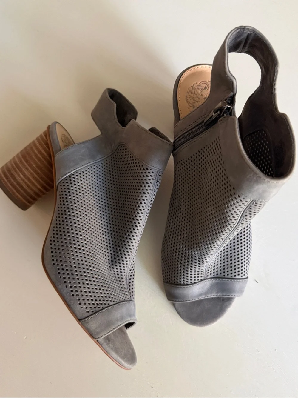 Vince Camuto Grey Perforated Peep-Toe Block Heel Sandal